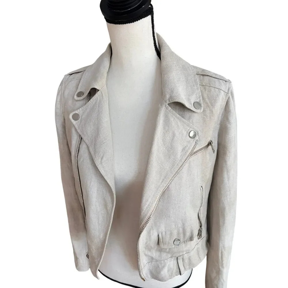 Theory Linen Moto Jacket Womens Medium Beige Lightweight Belted Biker